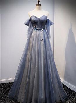 Picture of Blue and Grey Tulle Long Sweetheart  Party Dresses, Tulle A-line Formal Dresses